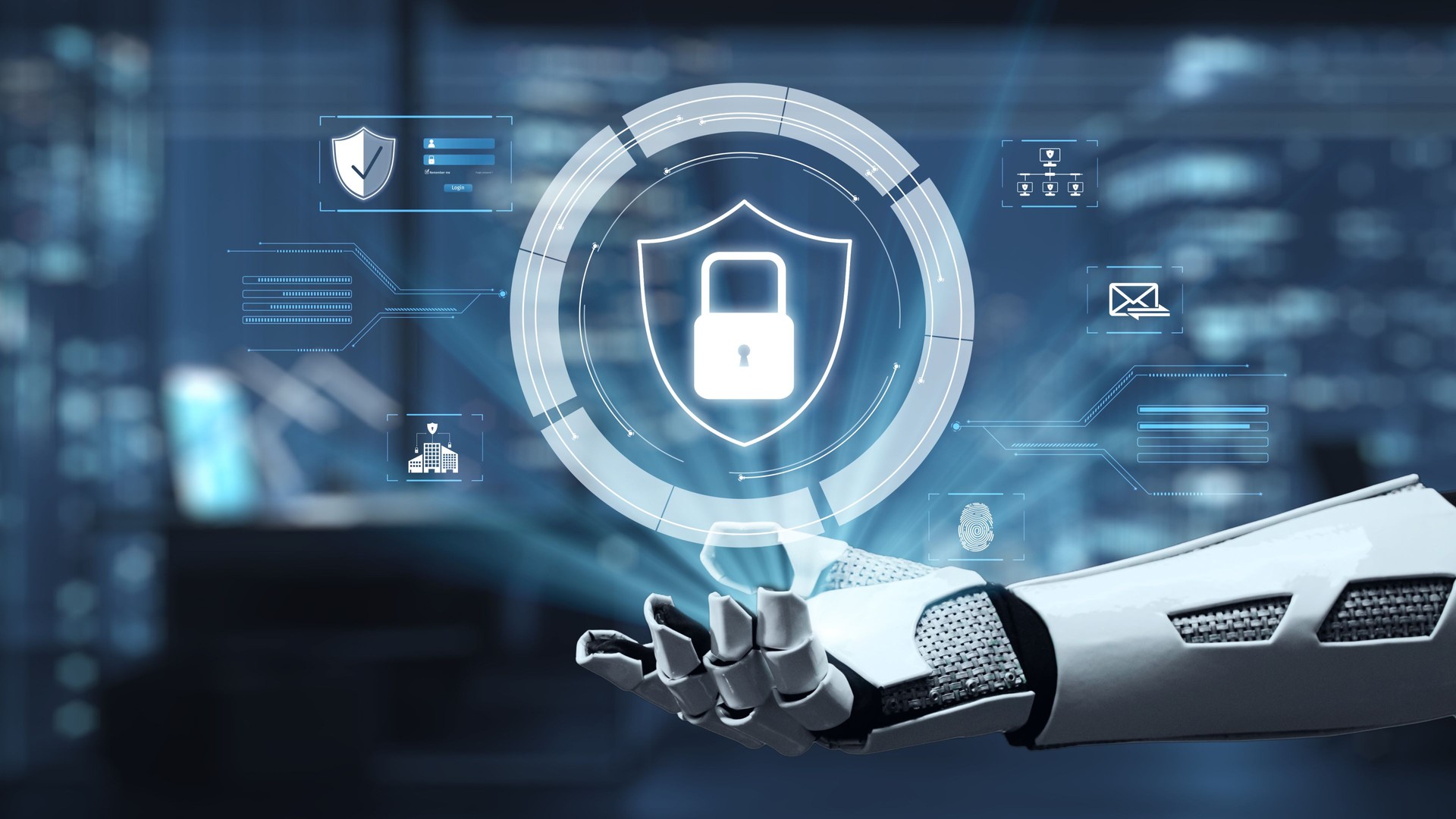 Futuristic Robotic Hand Interacting with Digital Security Interface and Lock Symbol in Modern High-Tech Environment. Auvana